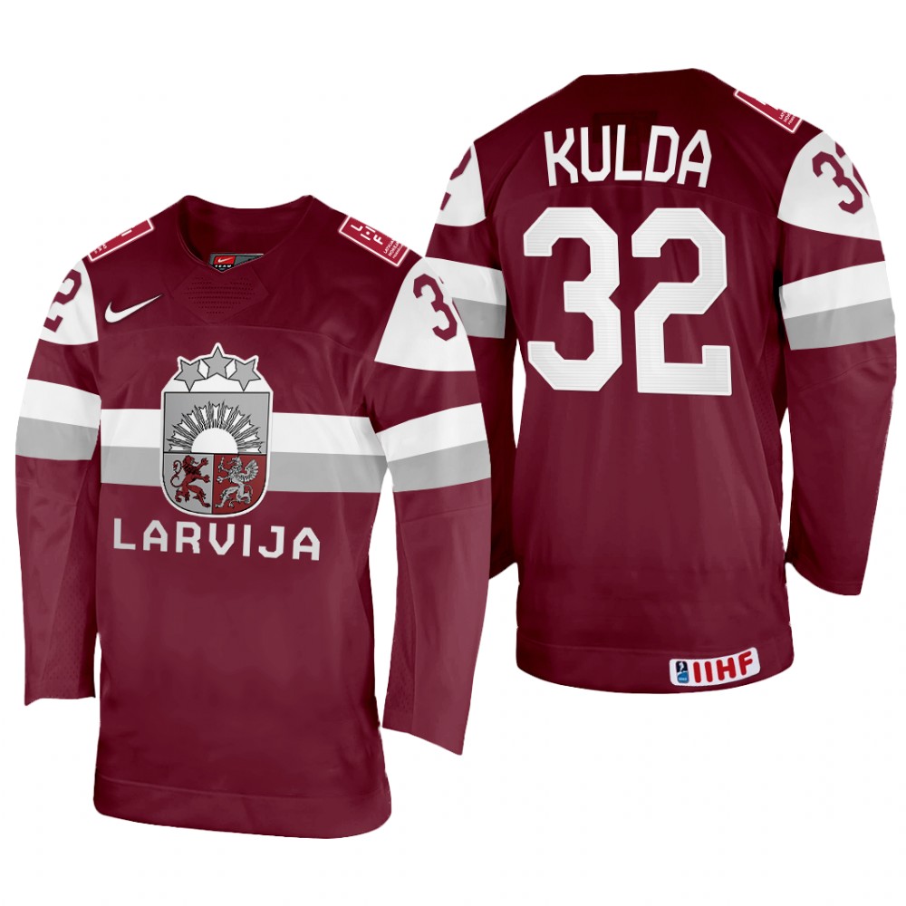 Men Arturs Kulda Latvia Hockey Maroon Away Jersey 2022 IIHF World Championship