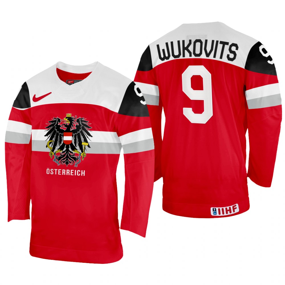 Men Austria Hockey Ali Wukovits 2022 IIHF World Championship Red #9 Jersey Away