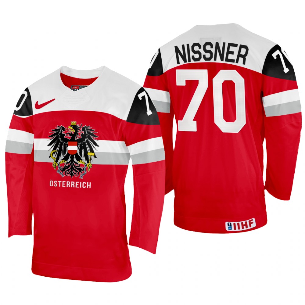 Men Austria Hockey Benjamin Nissner 2022 IIHF World Championship Red #70 Jersey Away