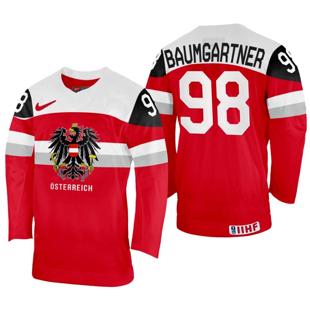 Men Austria Hockey Benjamin Baumgartner 2022 IIHF World Championship Red #98 Jersey Away