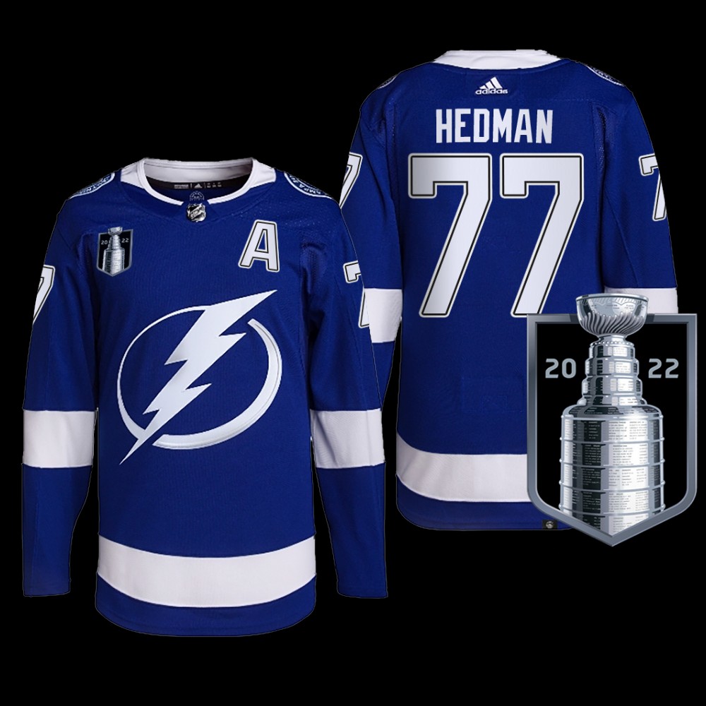 Men 2022 Stanley Cup Final Tampa Bay Lightning Victor Hedman Jersey Primegreen Blue #77 Uniform