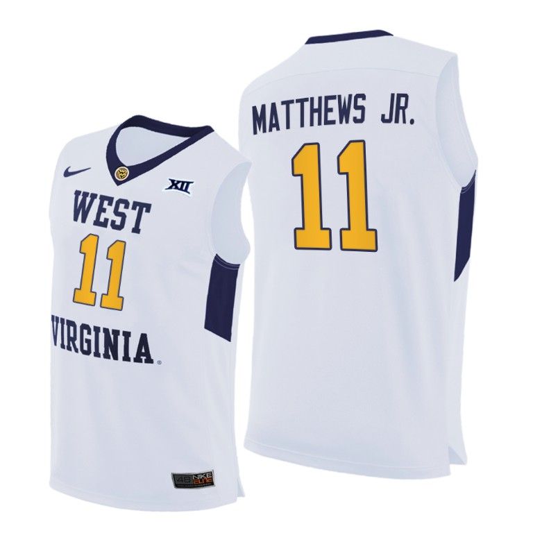 Men West Virginia Mountaineers Emmitt Matthews Jr. #11 White Home 2020-21 Jersey
