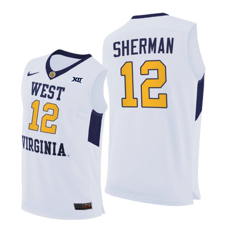 Men West Virginia Mountaineers Taz Sherman #12 White Home 2020-21 Jersey