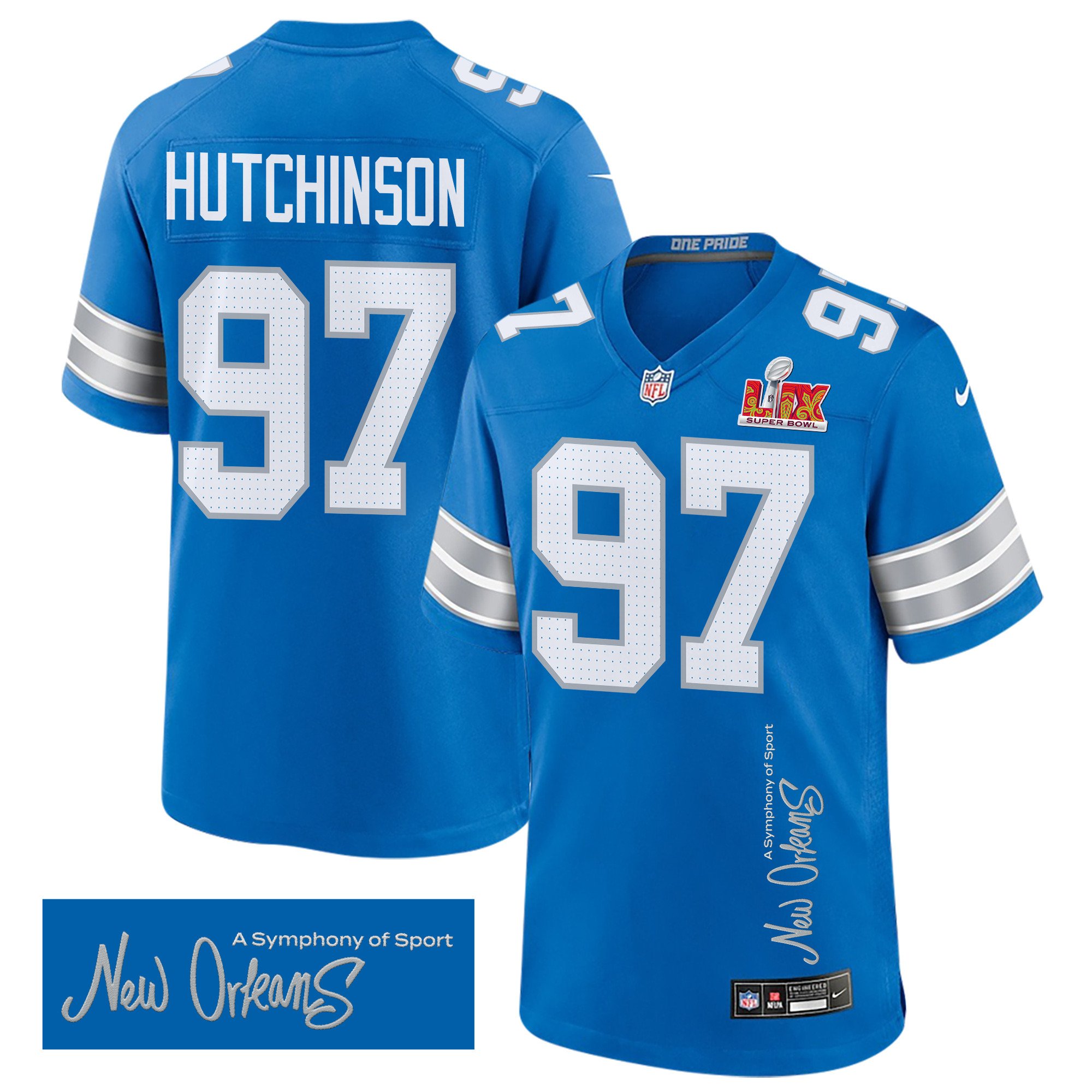 NFL Aidan Hutchinson 97 Detroit Lions Super Bowl LIX ‘New Orleans – A Symphony of Sport’ Game Men Jersey – Blue