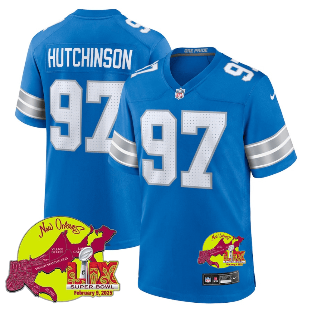 NFL Aidan Hutchinson 97 Detroit Lions Super Bowl LIX New Orleans Patch Game Men Jersey – Blue