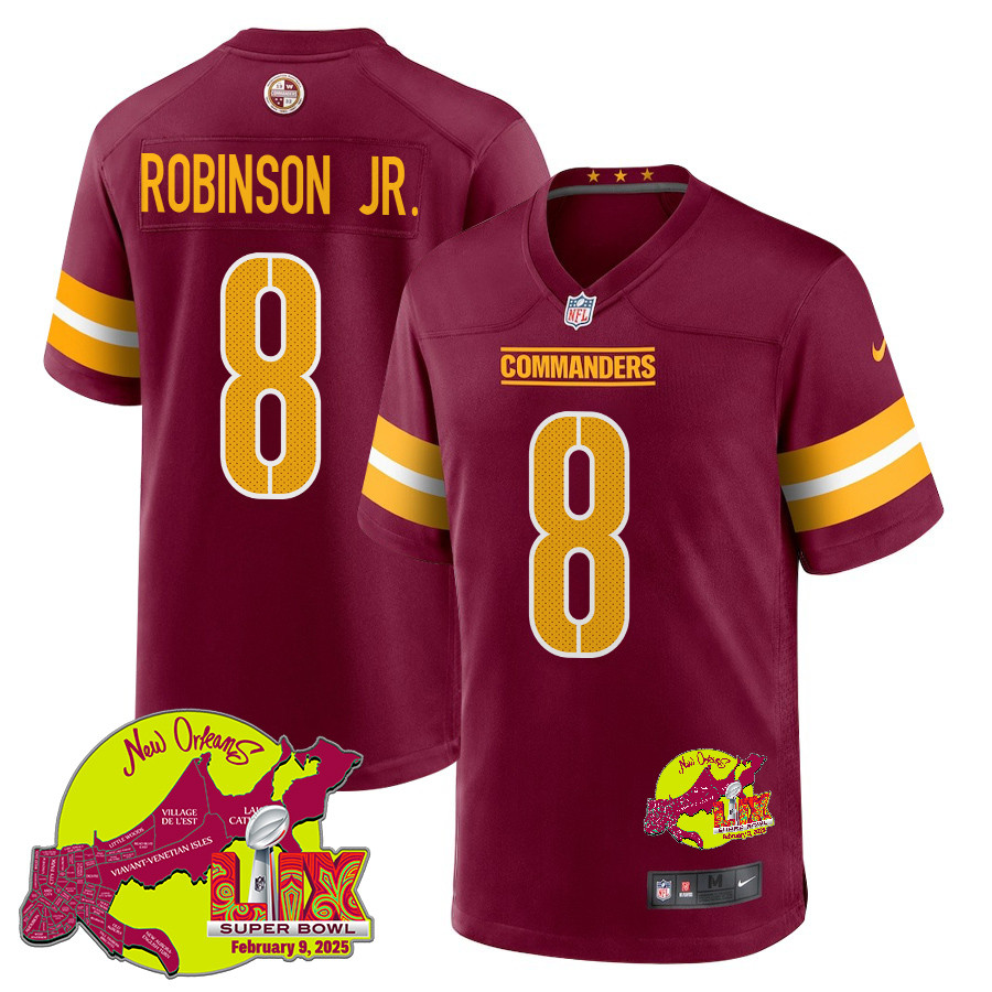 NFL Brian Robinson Jr. 8 Washington Commanders Super Bowl LIX New Orleans Patch Game Men Jersey – Burgundy