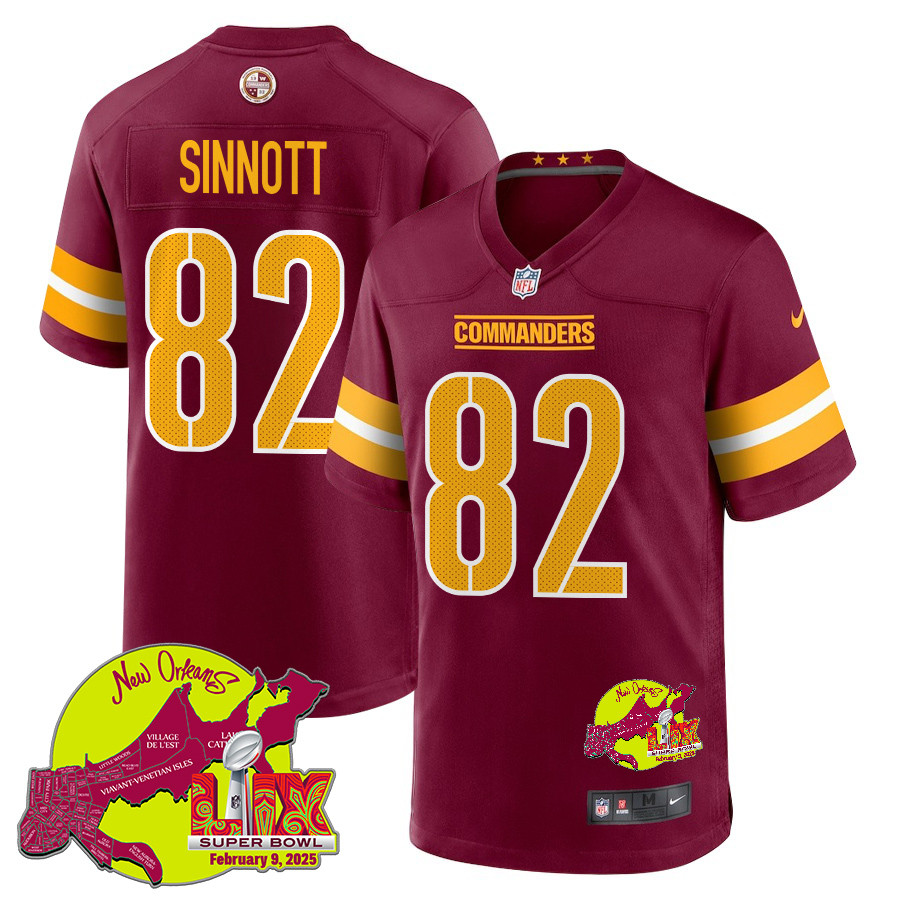 NFL Ben Sinnott 82 Washington Commanders Super Bowl LIX New Orleans Patch Game Men Jersey – Burgundy