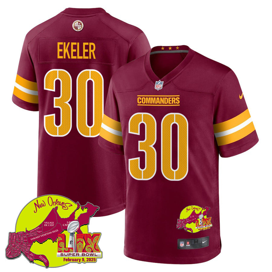 NFL Austin Ekeler 30 Washington Commanders Super Bowl LIX New Orleans Patch Game Men Jersey – Burgundy
