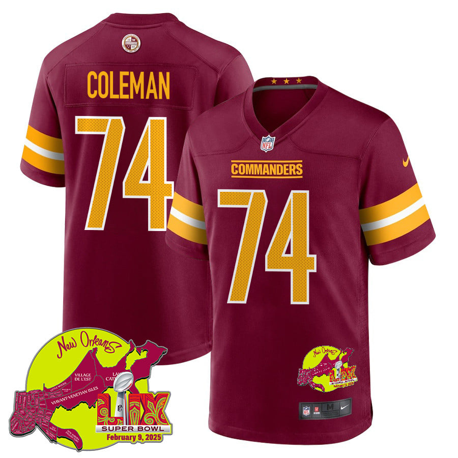 NFL Brandon Coleman 74 Washington Commanders Super Bowl LIX New Orleans Patch Game Men Jersey – Burgundy