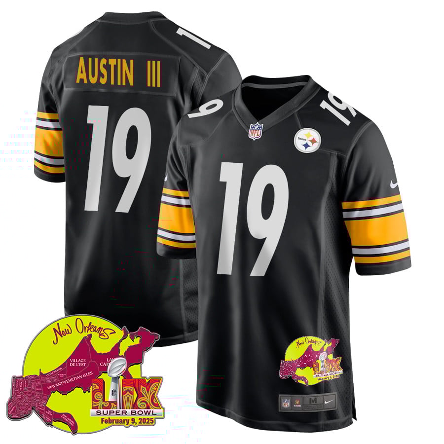 NFL Calvin Austin III 19 Pittsburgh Steelers Super Bowl LIX New Orleans Patch Game Men Jersey – Black