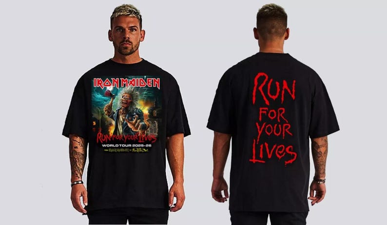 Iron Maiden World Tour 2025 Run For Your Lives Front & Back Print Black T Shirts