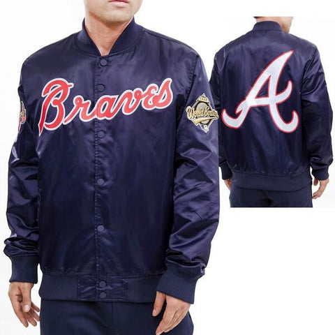 Atlanta Braves Big Logo World Series Satin Baseball Jacket For men Midnight Navy