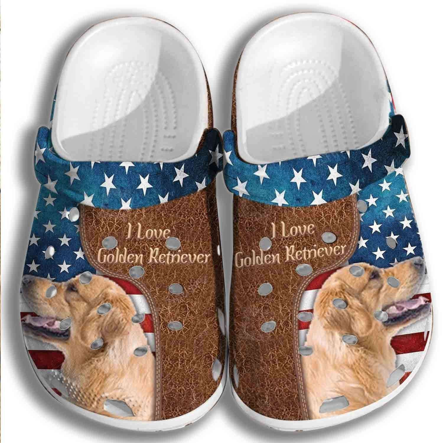 I Love Golden Retriever Dog Usa Flag 4Th Of July Clogs Shoes Classic Crocs-Style Clogs  & Dog Lovers