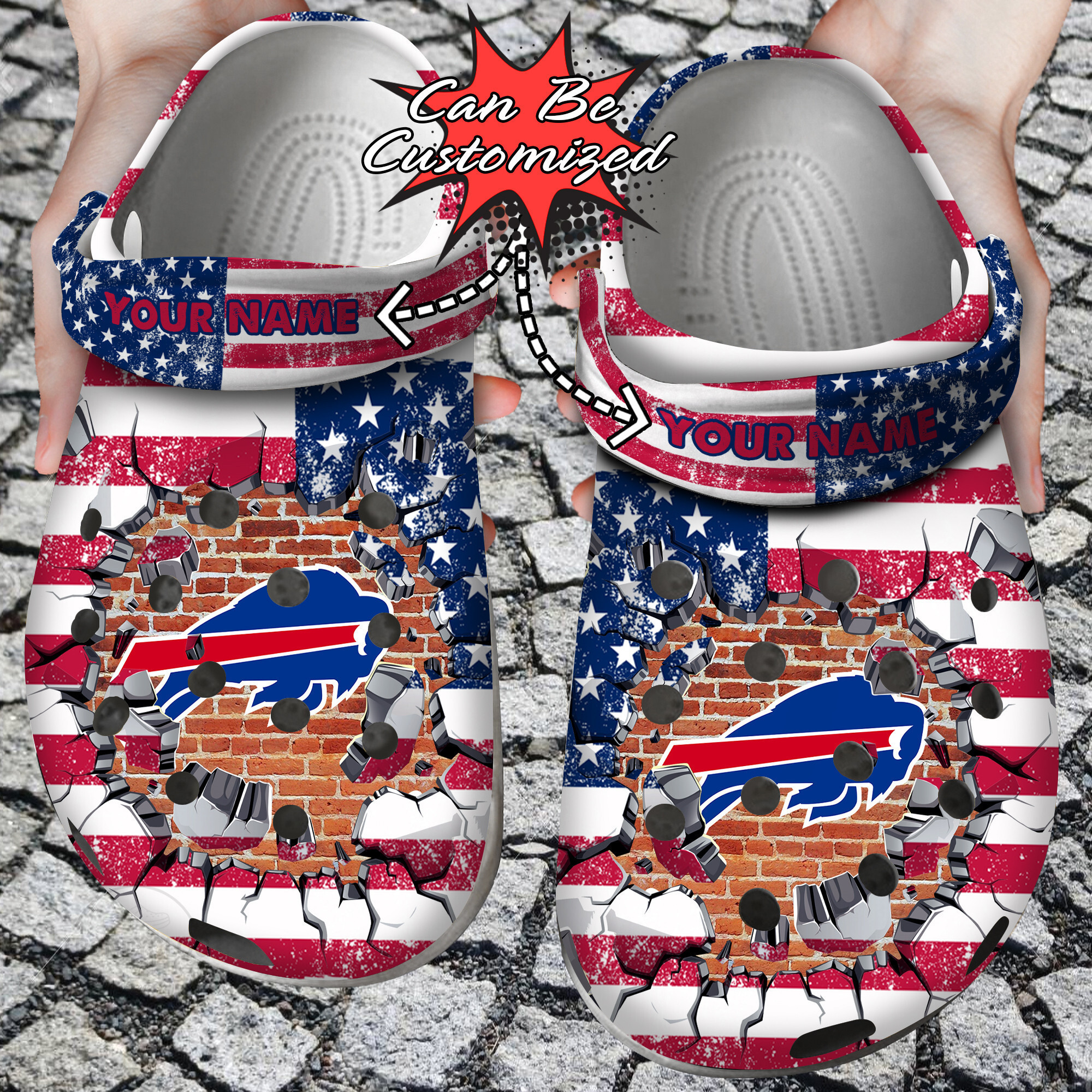 Name Logo Football Team American Flag Breaking Wall Clogs Shoes Classic Crocs-Style Clogs