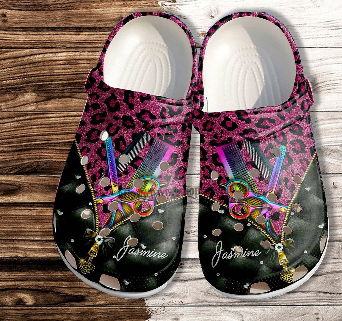 Leopard Pink Twinkle Hair Stylist Clogs Shoes For Girl Women- Scissors Comb Hair Clogs Shoes Clogs Shoes Classic Crocs-Style Clogs