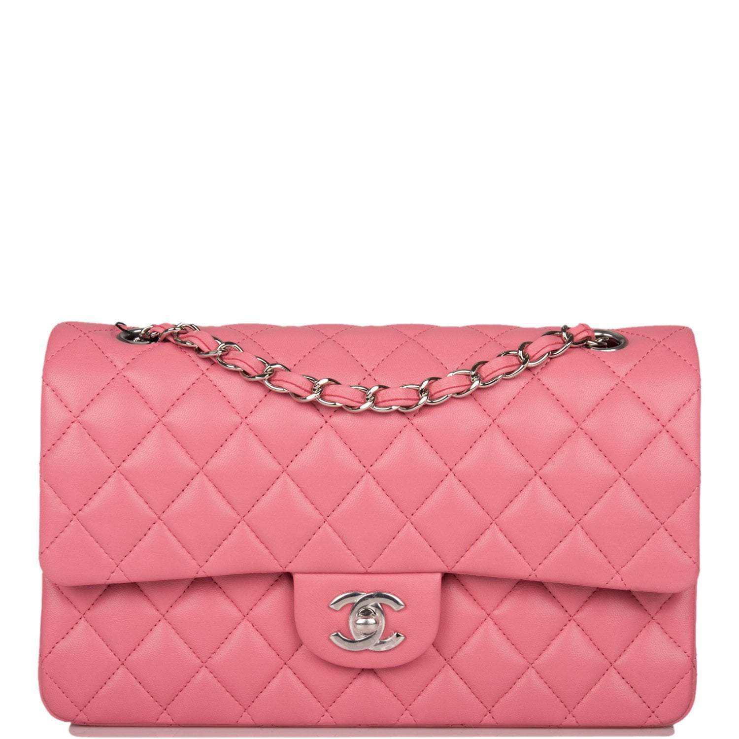 Chanel Medium Classic Double Flap Bag Rose Quilted Lambskin Silver Hardware