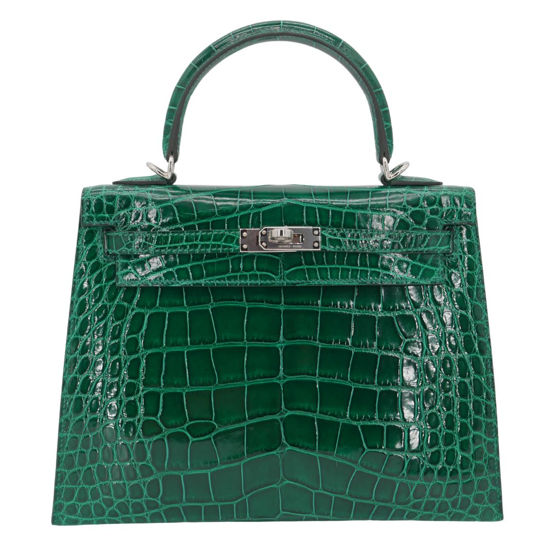 Hermes 25cm Kelly Sellier Emerald Shiny Alligator Palladium Hardware