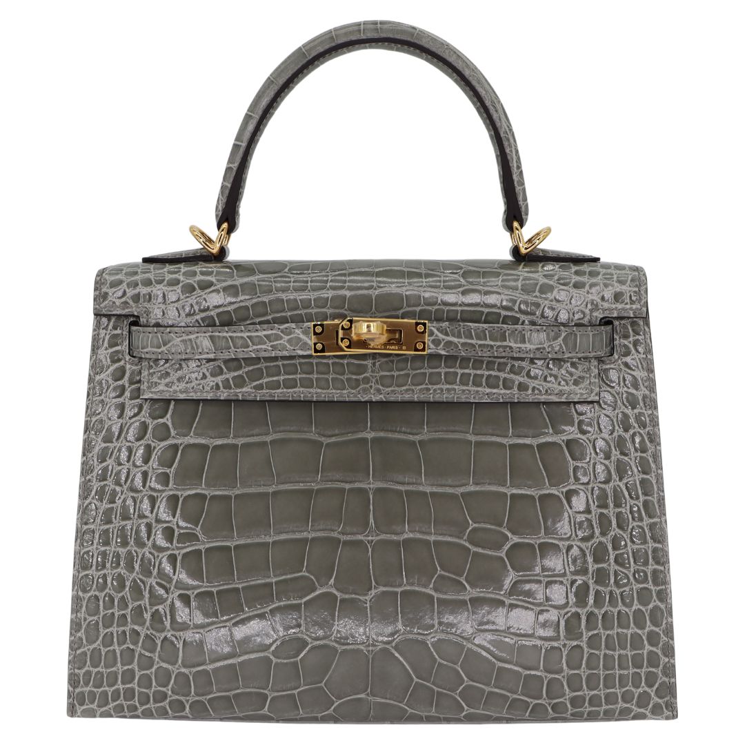 Hermes 25cm Kelly Sellier Gris Cement Shiny Alligator Gold Hardware