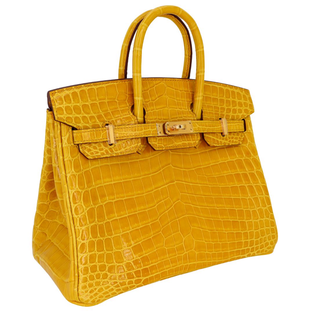 Hermes 25cm Birkin Jaune Ambre Shiny Niloticus Crocodile Gold Hardware