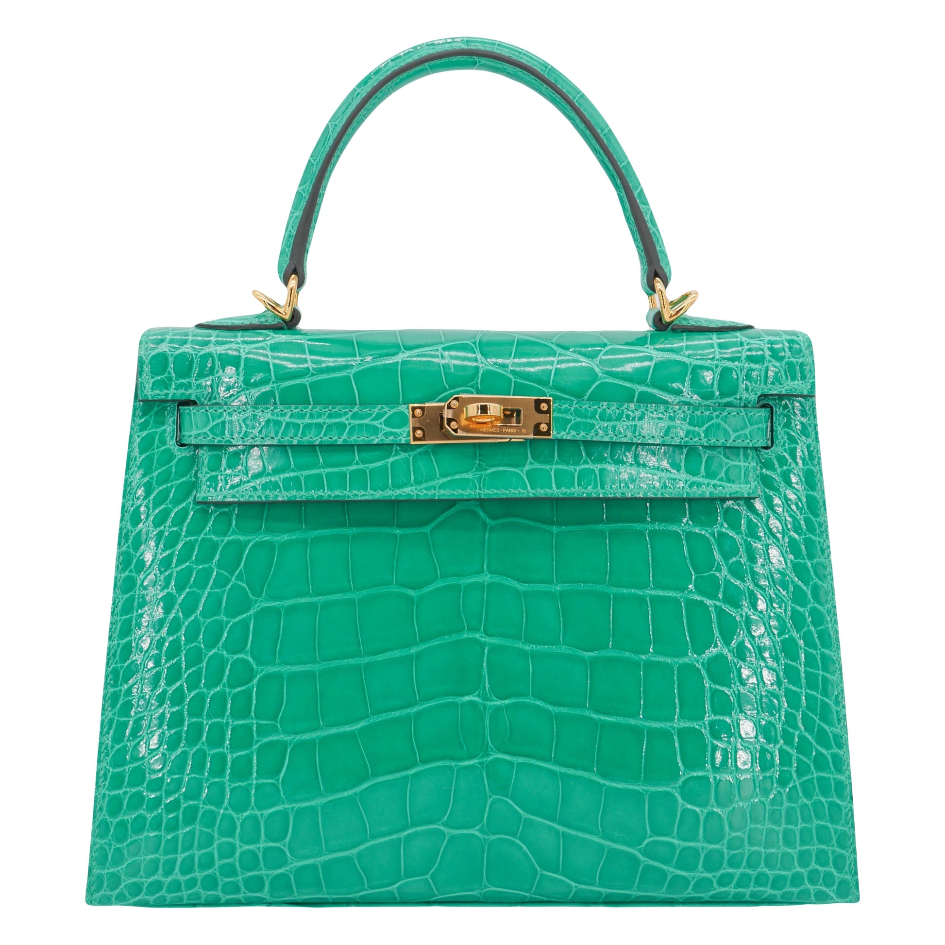 Hermes 25cm Kelly Sellier Vert Jade Shiny Alligator Gold Hardware