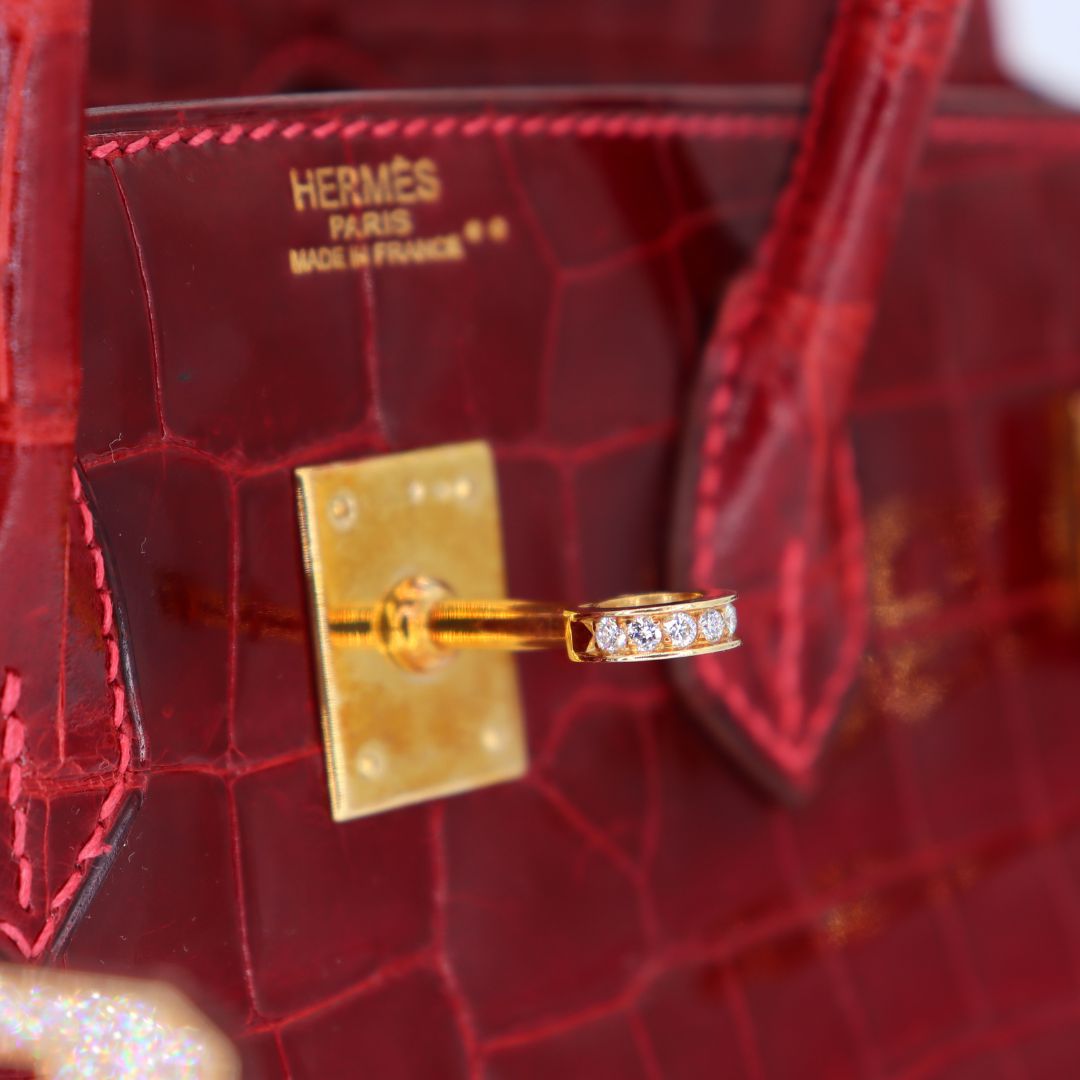 Hermes 25cm Birkin Braise Shiny Niloticus Crocodile Yellow Gold Diamond Hardware