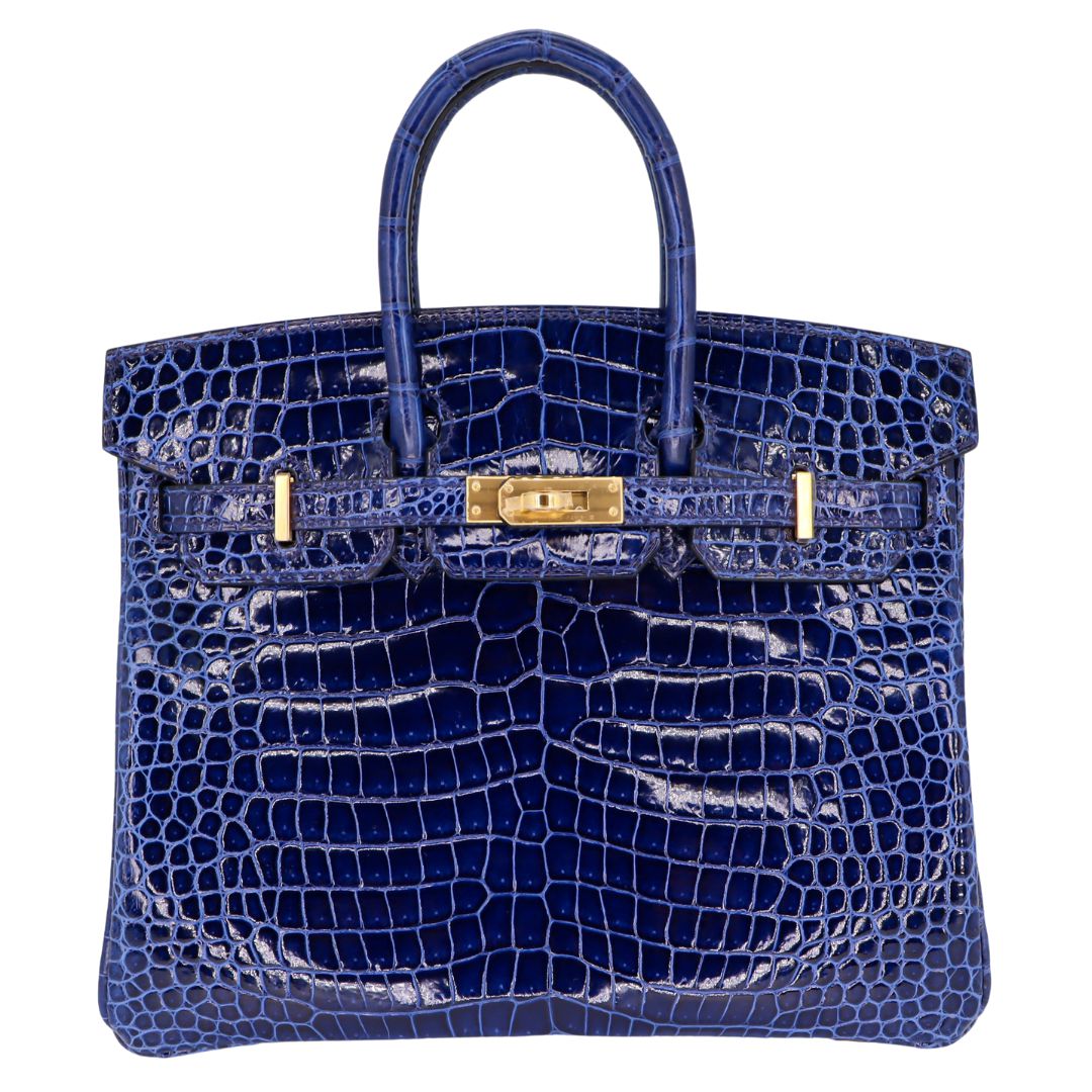 Hermes 25cm Birkin Bleu Saphir Shiny Porosus Crocodile Gold Hardware