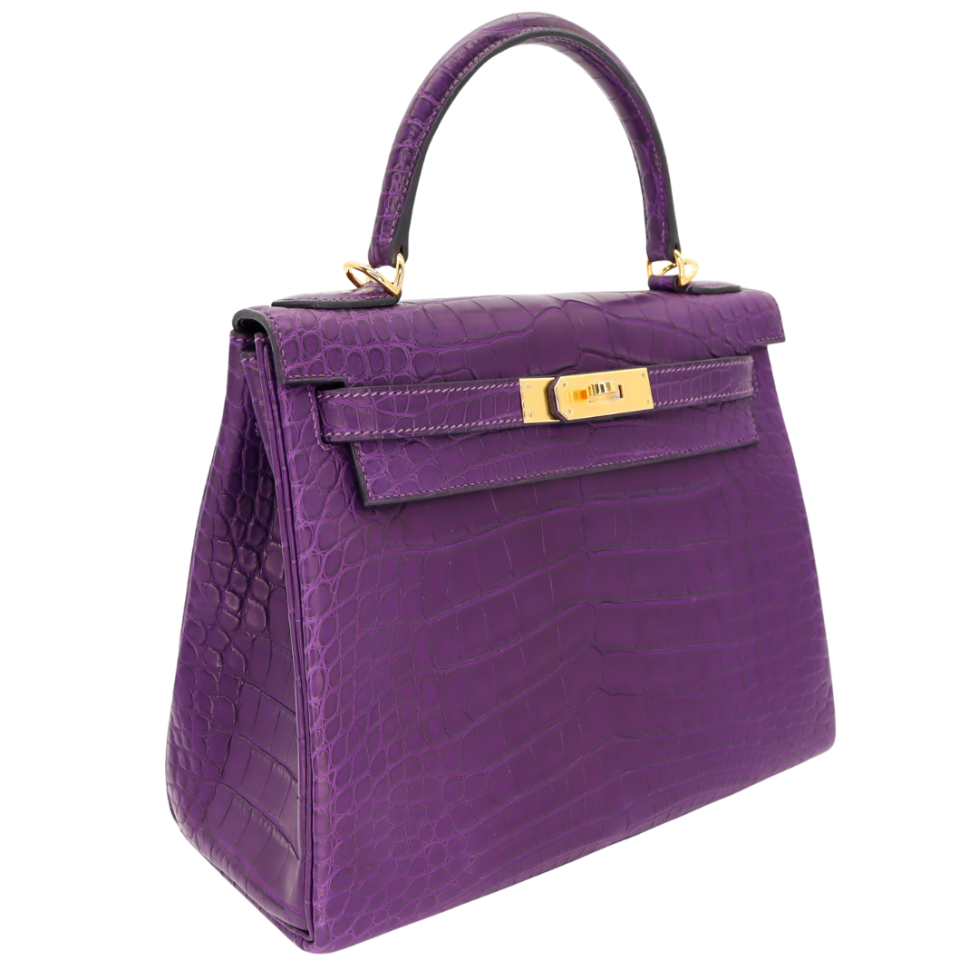 Hermes 28cm Kelly Retourne Amethyst Matte Alligator Gold Hardware
