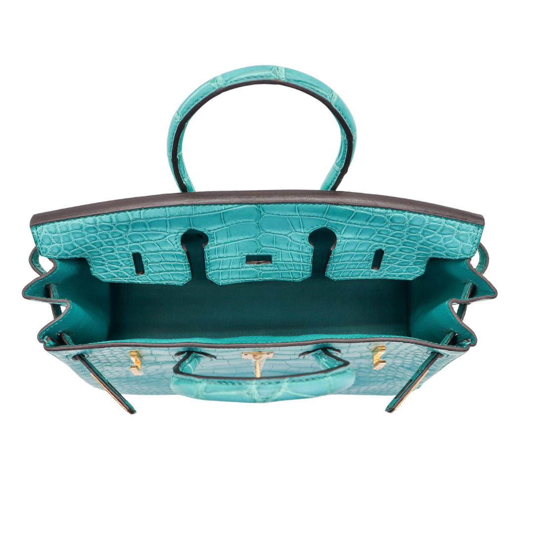 Hermes 25cm Birkin Bleu Paon Matte Alligator Gold Hardware