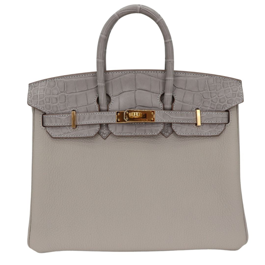 Hermes 25cm Birkin Touch Gris Perle Togo/Matte Alligator Gold Hardware