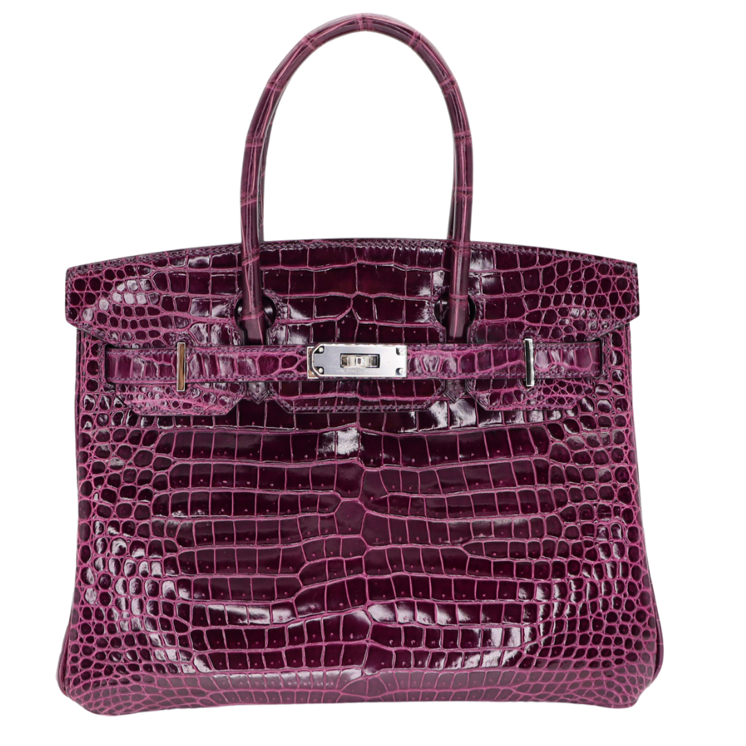 Hermes 30cm Birkin Amethyst Shiny Porosus Crocodile Palladium Hardware