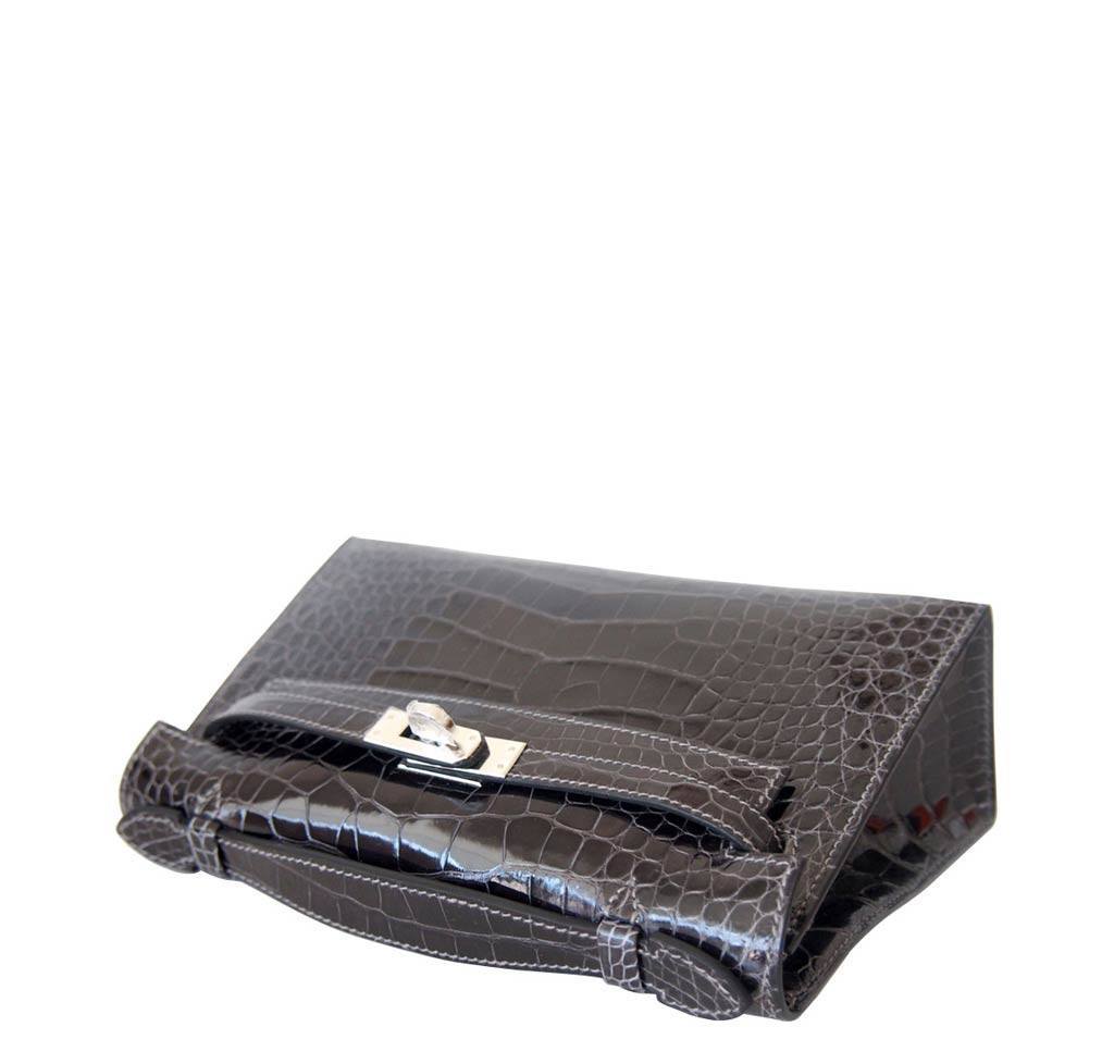 Hermes Alligator Kelly Pochette Mini Bag Graphite Gray