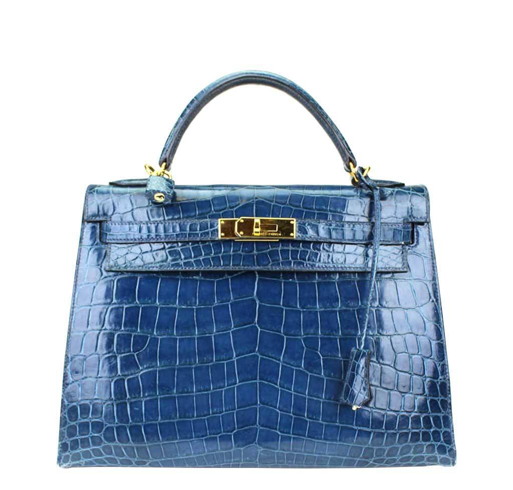 Hermes Kelly 32 Blue Roi Niloticus Crocodile Bag