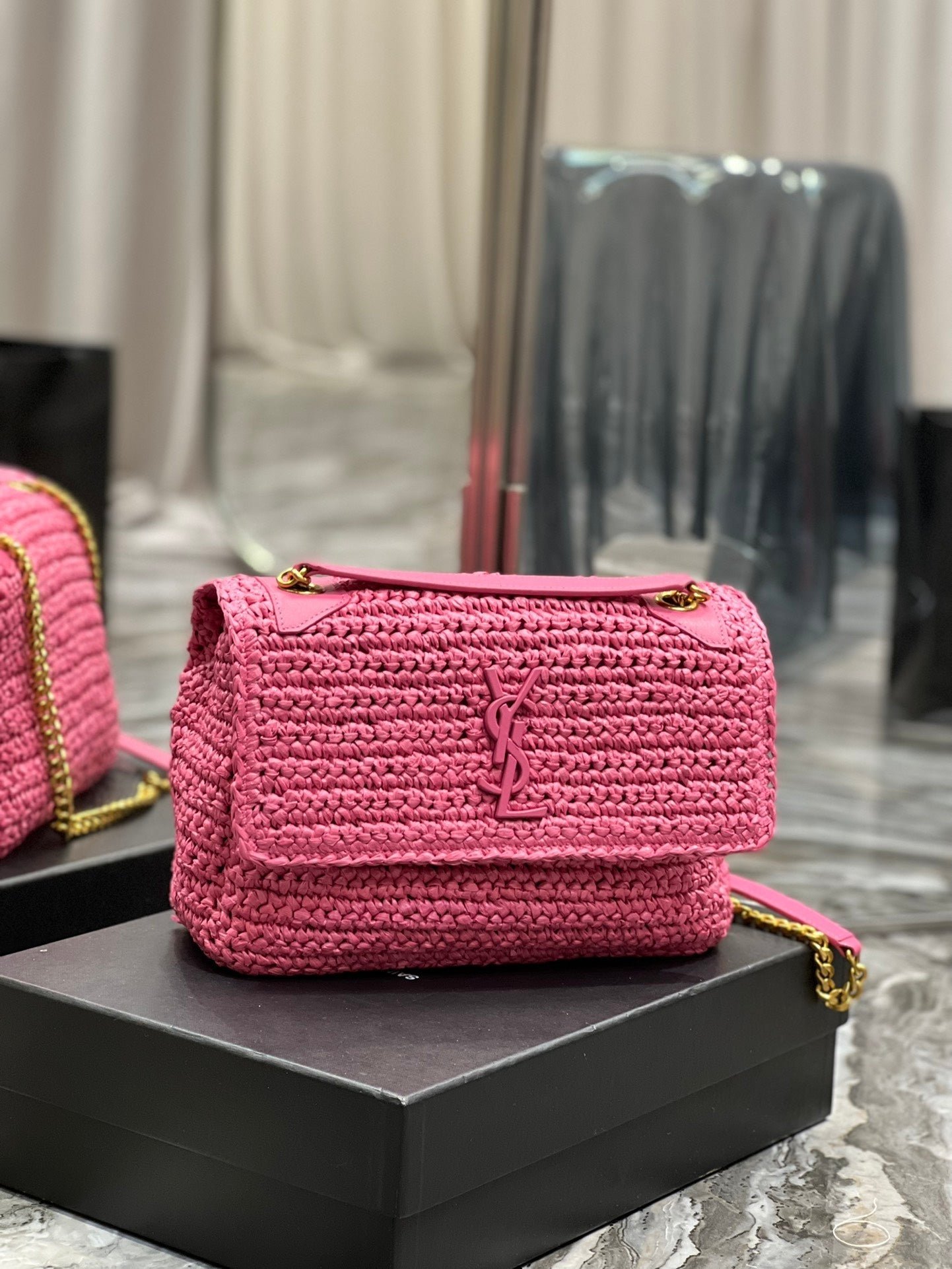 Saint Laurent Niki Medium Chain Bag In Rafia For Women 28cm Pink YSL 632539FAABR9083
