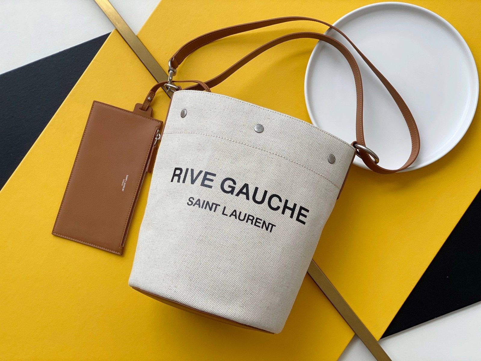 Saint Laurent Rive Gauche Bucket Bag With Brown Strap 20cm