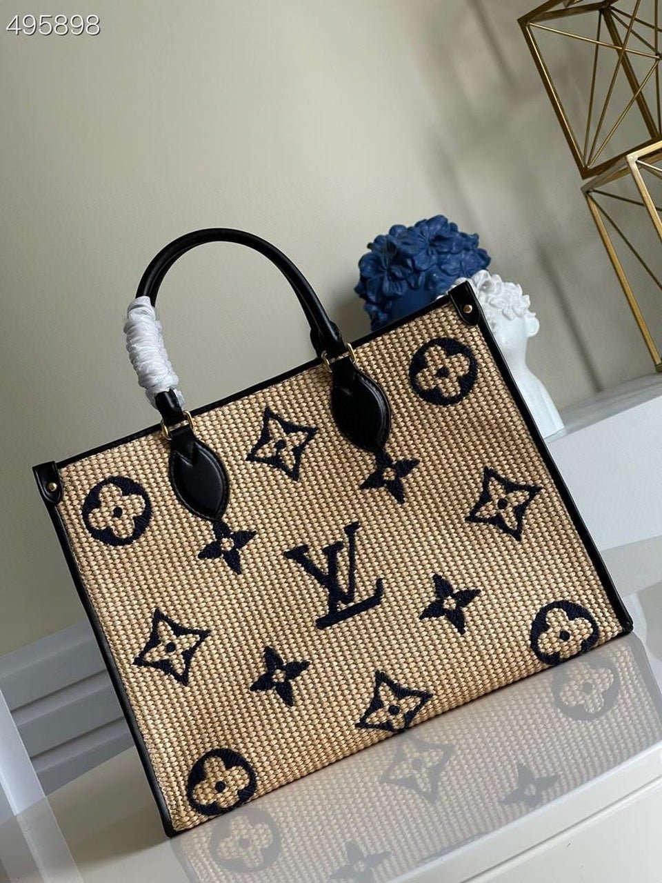 Louis Vuitton OnTheGo MM Bag 35cm Raffia/Cowhide Leather Spring/Summer Collection M57707 Black