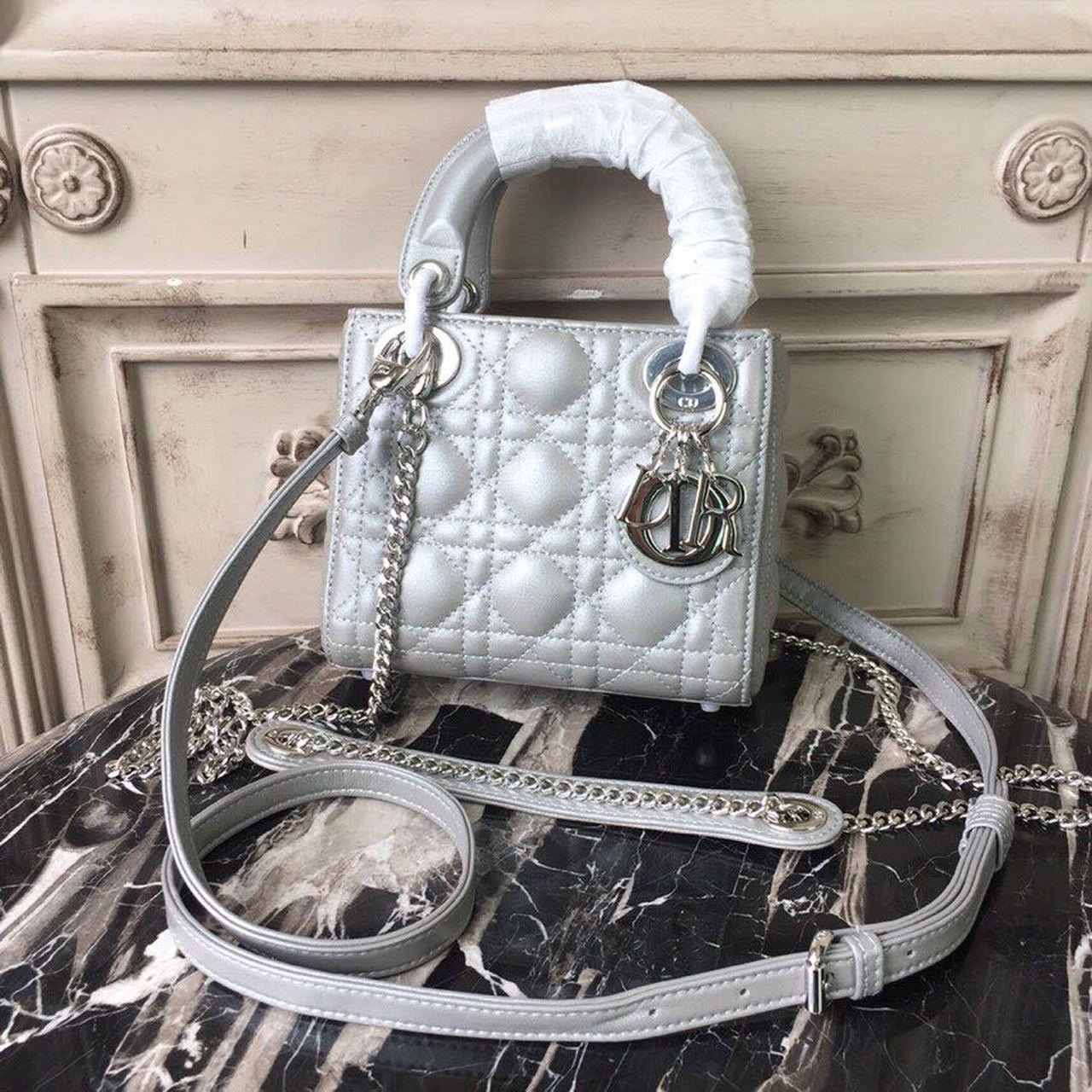 Christian Dior Mini Lady Dior Bag 18cm with Chain Silver Hardware Lambskin Leather Spring/Summer Collection, Pearl Gold