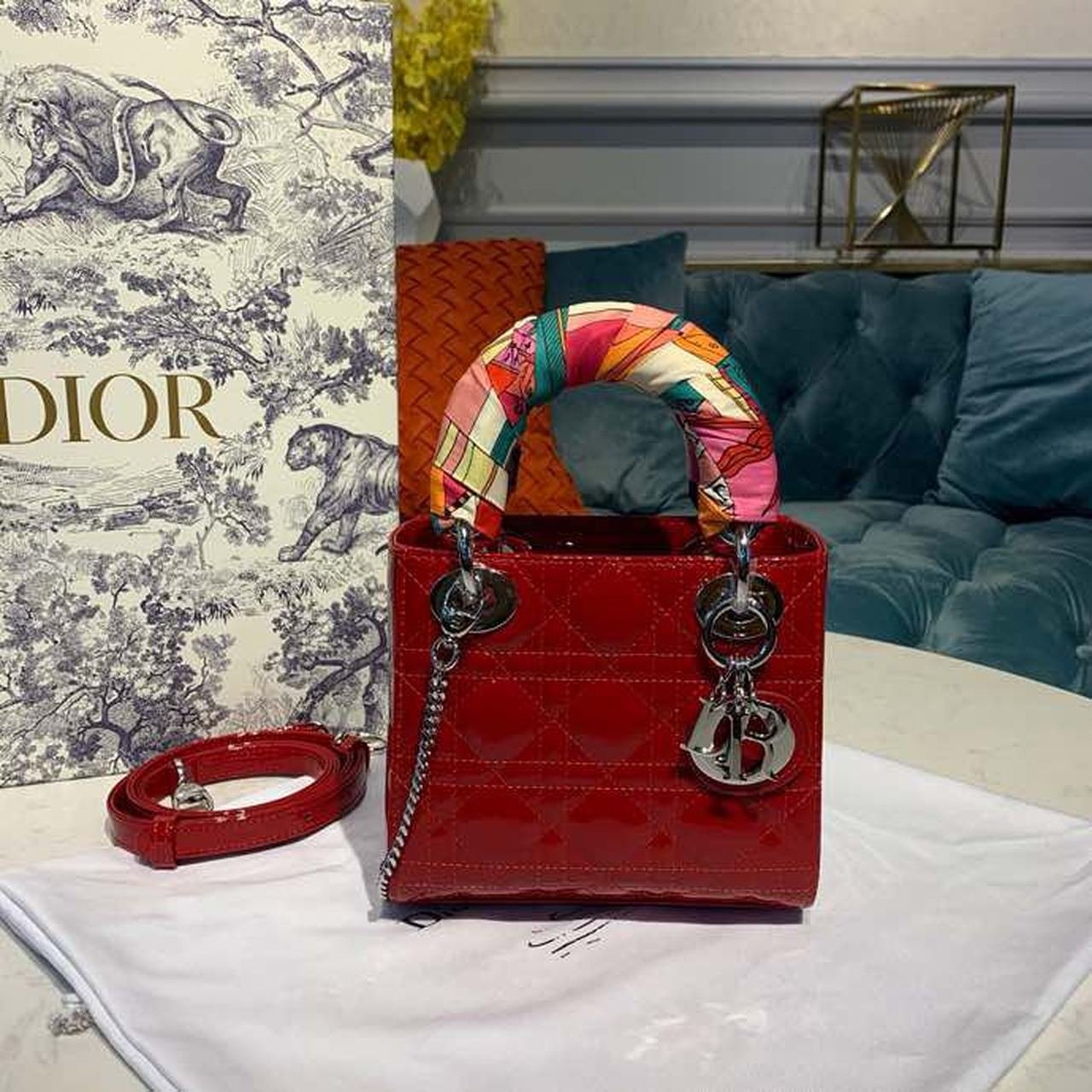 Christian Dior Mini Lady Dior Bag 18cm with Chain Silver Hardware Patent Leather Spring/Summer Collection, Red