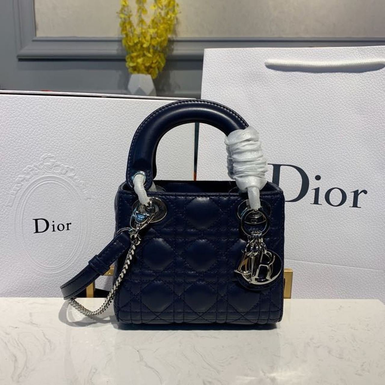 Christian Dior Mini Lady Dior Bag 18cm with Chain Silver Hardware Lambskin Leather Spring/Summer Collection, Navy Blue