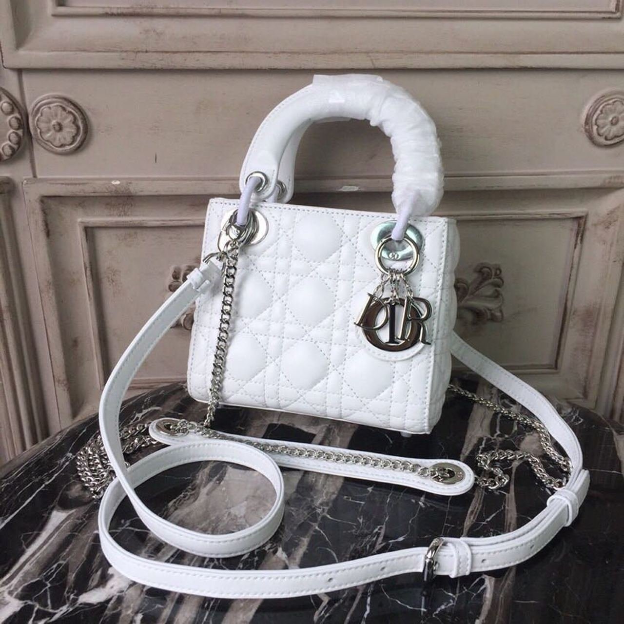 Christian Dior Mini Lady Dior Bag 18cm with Chain Silver Hardware Lambskin Leather Spring/Summer Collection, White