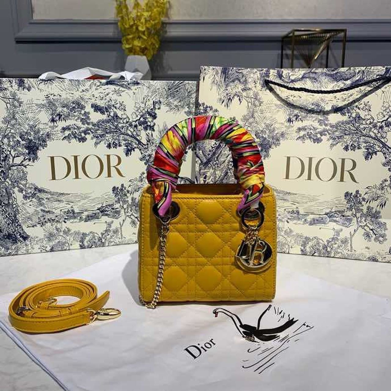 Christian Dior Mini Lady Dior Bag 18cm with Chain Silver Hardware Lambskin Leather Spring/Summer Collection, Yellow