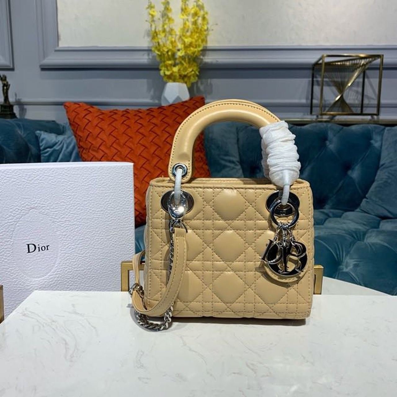 Christian Dior Mini Lady Dior Bag 18cm with Chain Silver Hardware Lambskin Leather Spring/Summer Collection, Beige