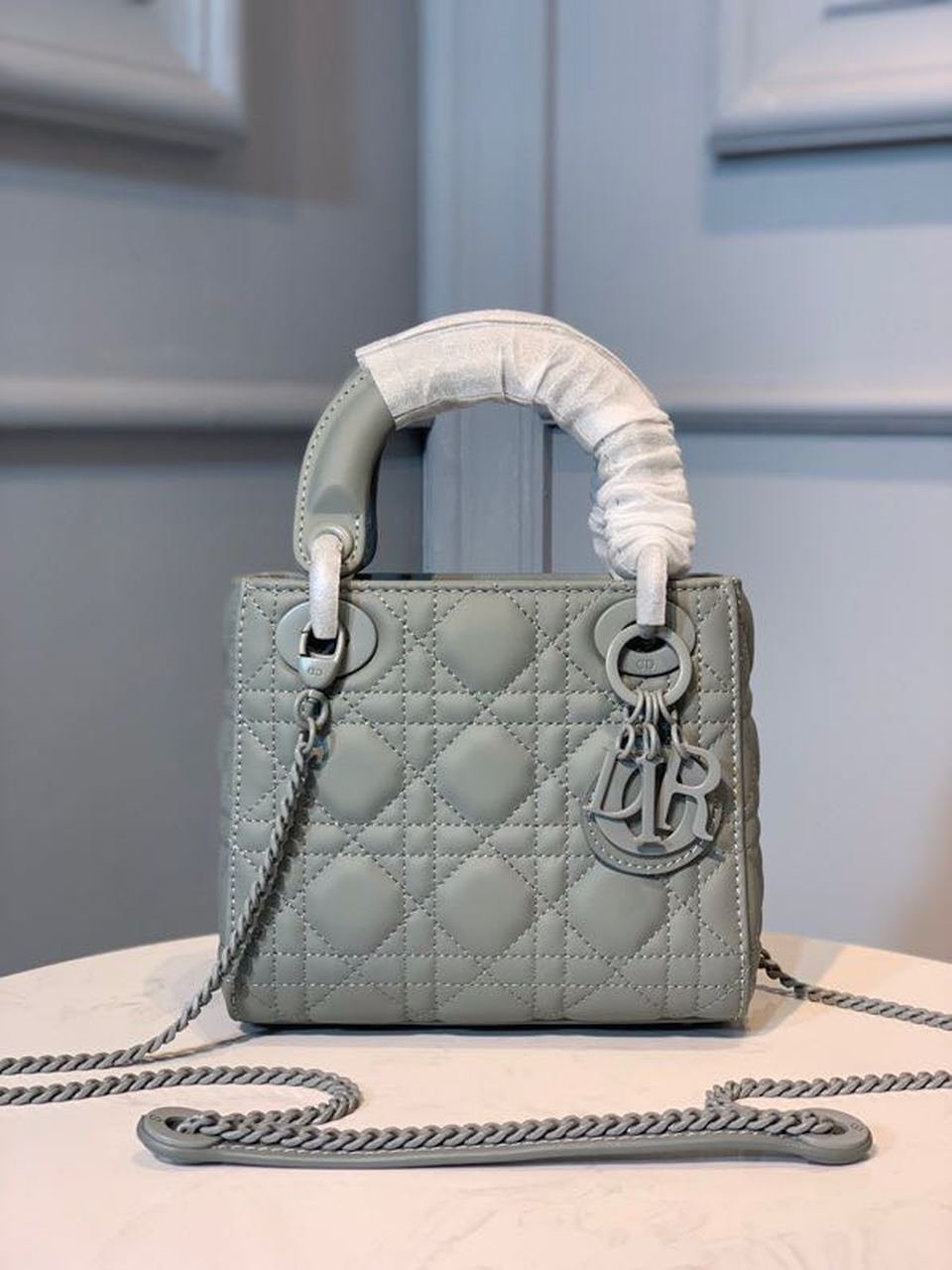 Christian Dior Mini Lady Dior Bag 18cm with Chain Matte Hardware Lambskin Leather Spring/Summer Collection, Pewter Blue