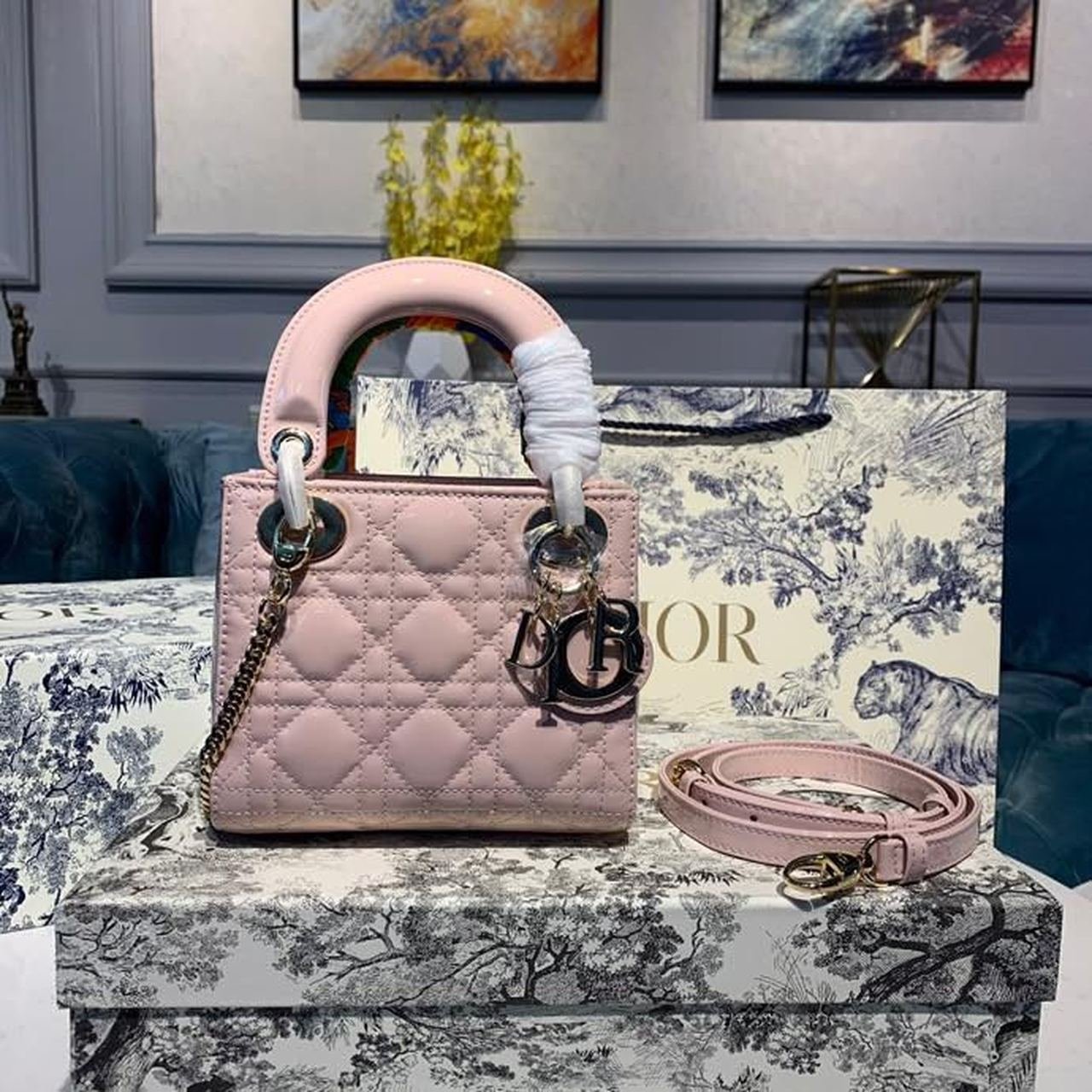 Christian Dior Mini Lady Dior Bag 18cm with Chain Gold Hardware Patent Leather Spring/Summer Collection, Light Pink