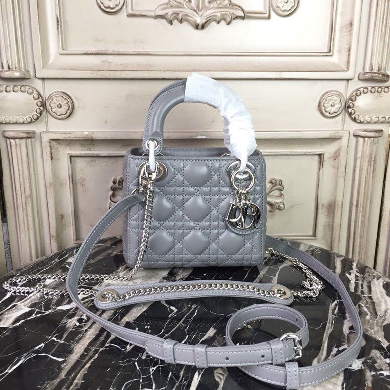 Christian Dior Mini Lady Dior Bag 18cm with Chain Silver Hardware Lambskin Leather Spring/Summer Collection, Grey