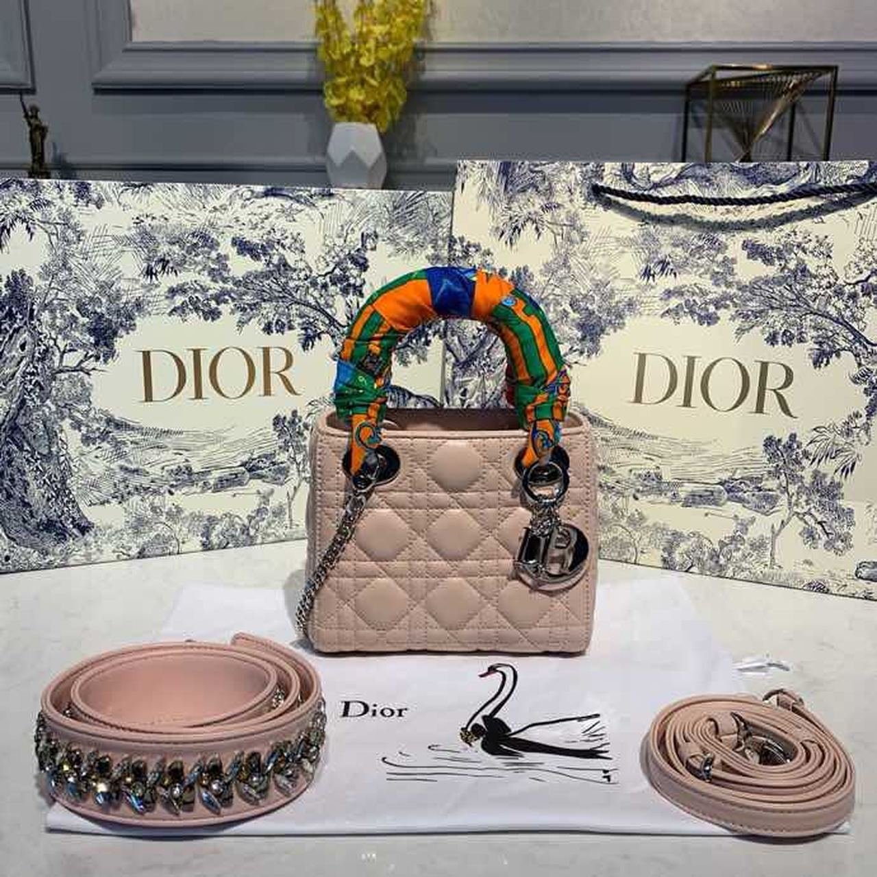 Christian Dior Mini Lady Dior Bag 18cm with Chain and Embellished Bag Strap Silver Hardware Lambskin Leather Spring/Summer Collection, Pink