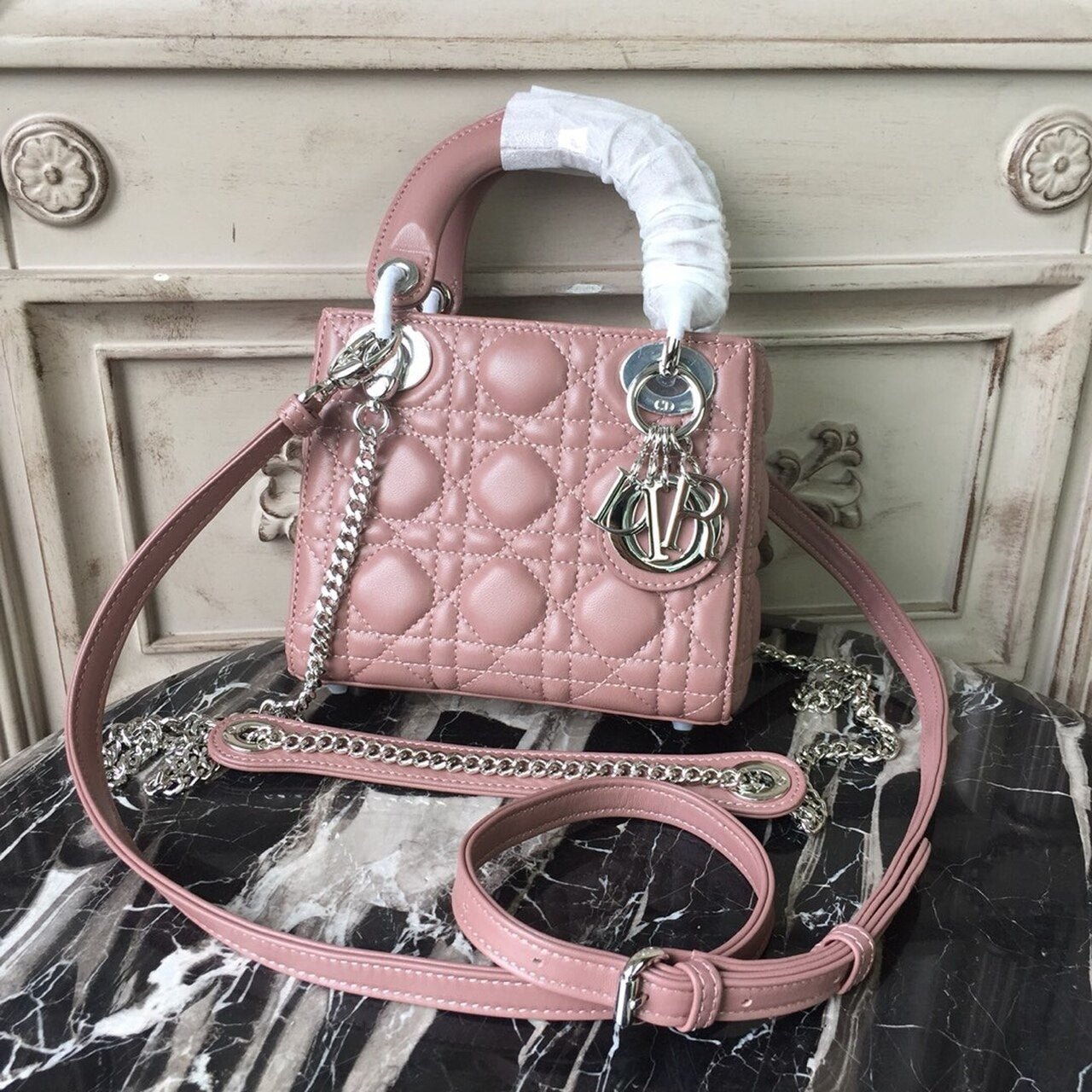 Christian Dior Mini Lady Dior Bag 18cm with Chain Silver Hardware Lambskin Leather Spring/Summer Collection, Dusty Pink