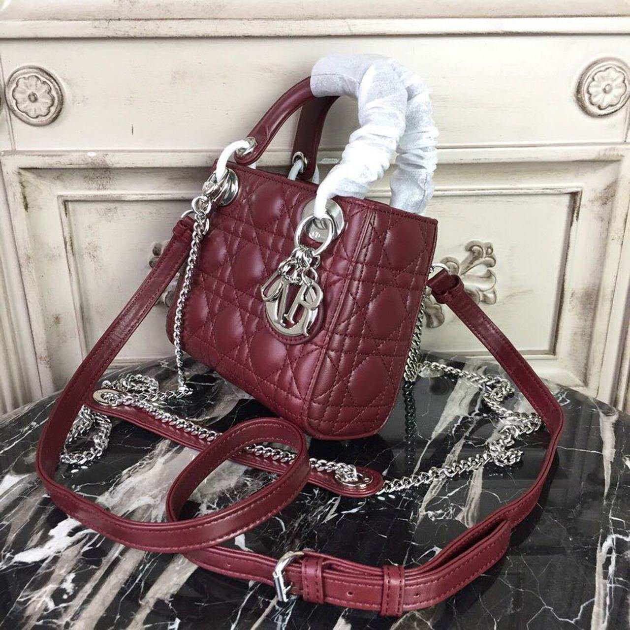 Christian Dior Mini Lady Dior Bag 18cm with Chain Silver Hardware Lambskin Leather Spring/Summer Collection, Burgundy