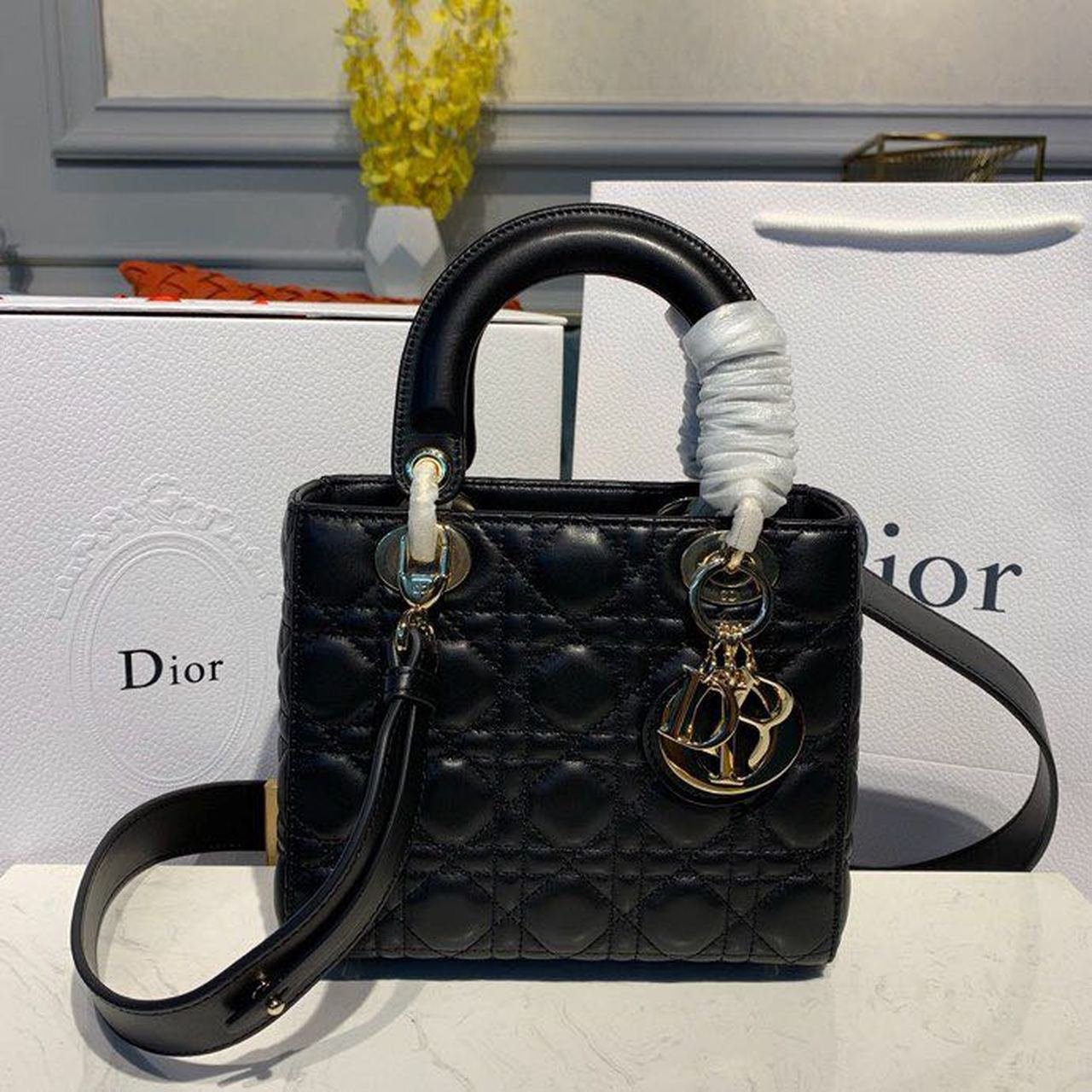 Christian Dior Lady Dior Bag 20cm Gold Hardware Lambskin Leather Spring/Summer Collection, Black