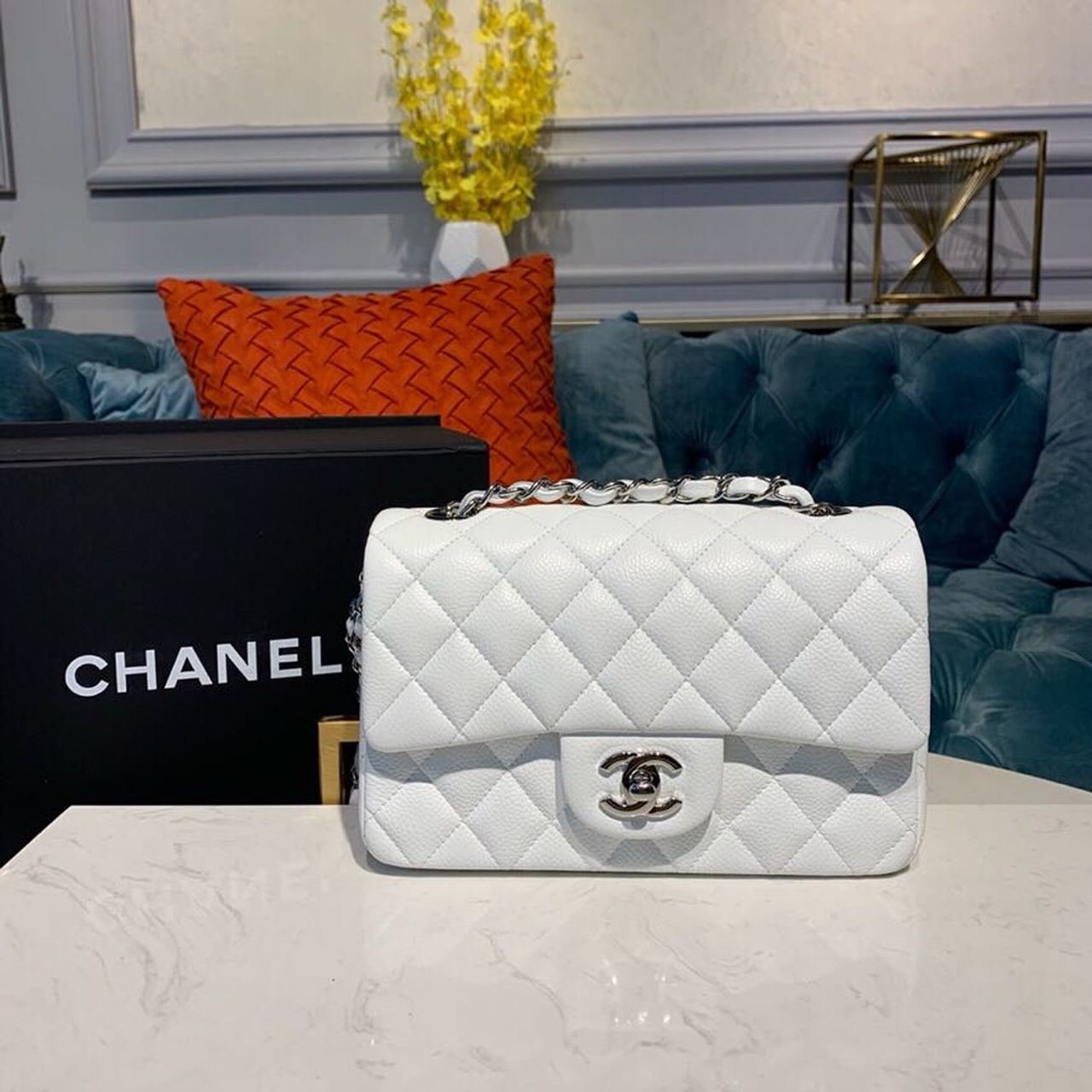 Chanel New Mini Flap Bag 20cm Silver Hardware Lambskin Leather Spring/Summer Collection White