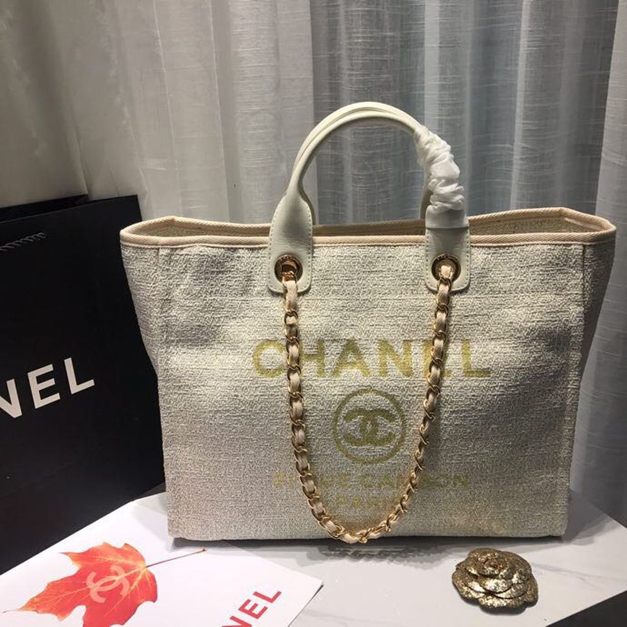 Chanel Deauville Tote 38cm Canvas Bag Spring/Summer Collection, Beige/Cream/Gold/Multi